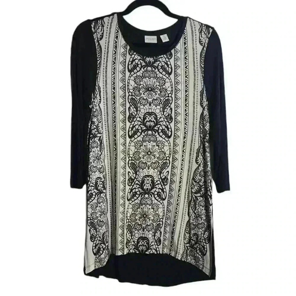 Chico's Weekends T-Shirt Black Tunic Printed Round Neck 3/4 Sleeve Size 0 - Picture 1 of 12